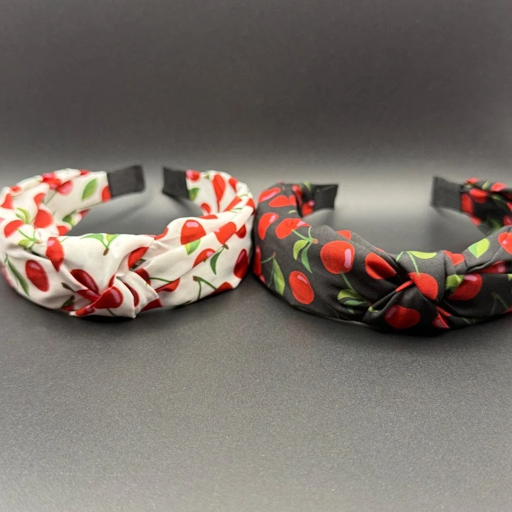 Cherry Print Knotted Headband Set White‎ Black Two Piece Accessory
